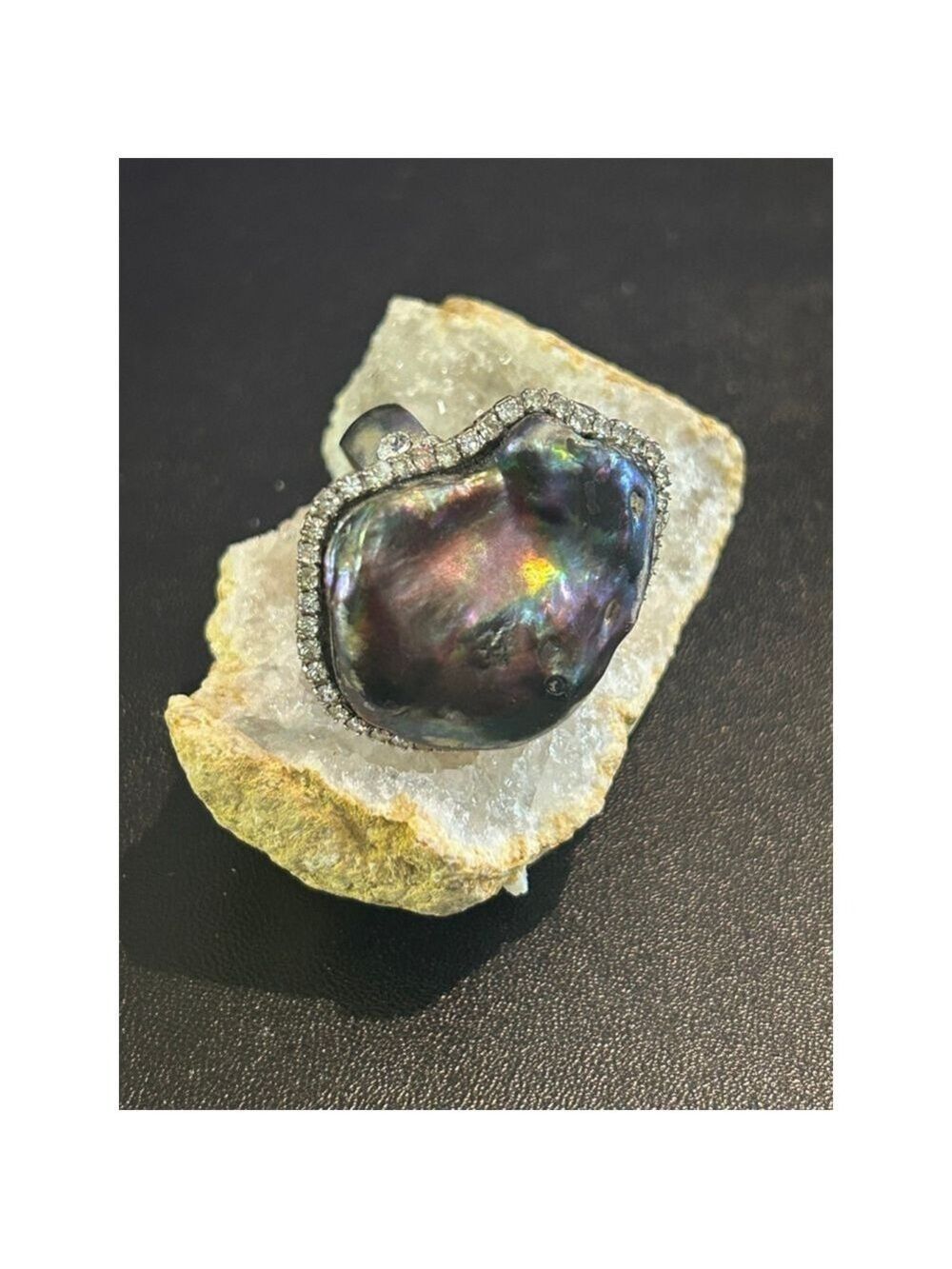 Women's Siman Tu unique peacock Baroque Pearl & crystal Ring, size 8.5